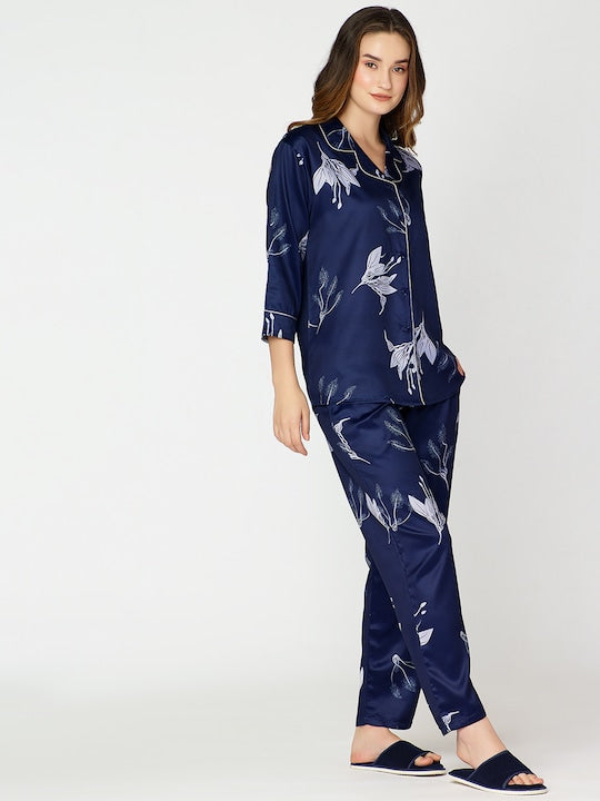 Women Printed Floral Lapel Collar NIght Suit Butter Silk Pajama Set
